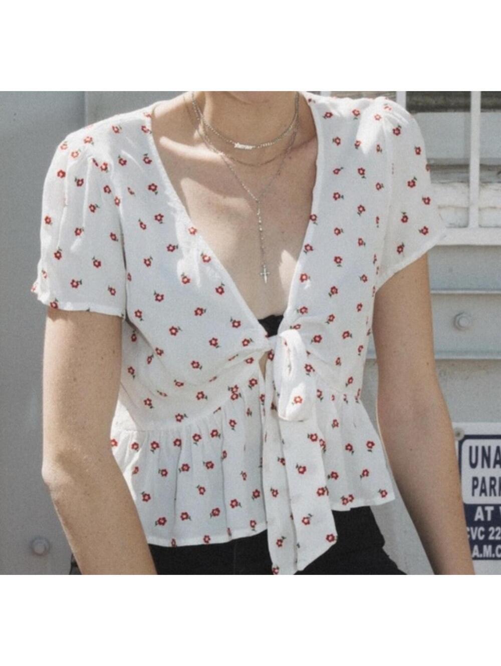 John Galt Brandy Melville Front Tie Floral Blouse - Women's XS